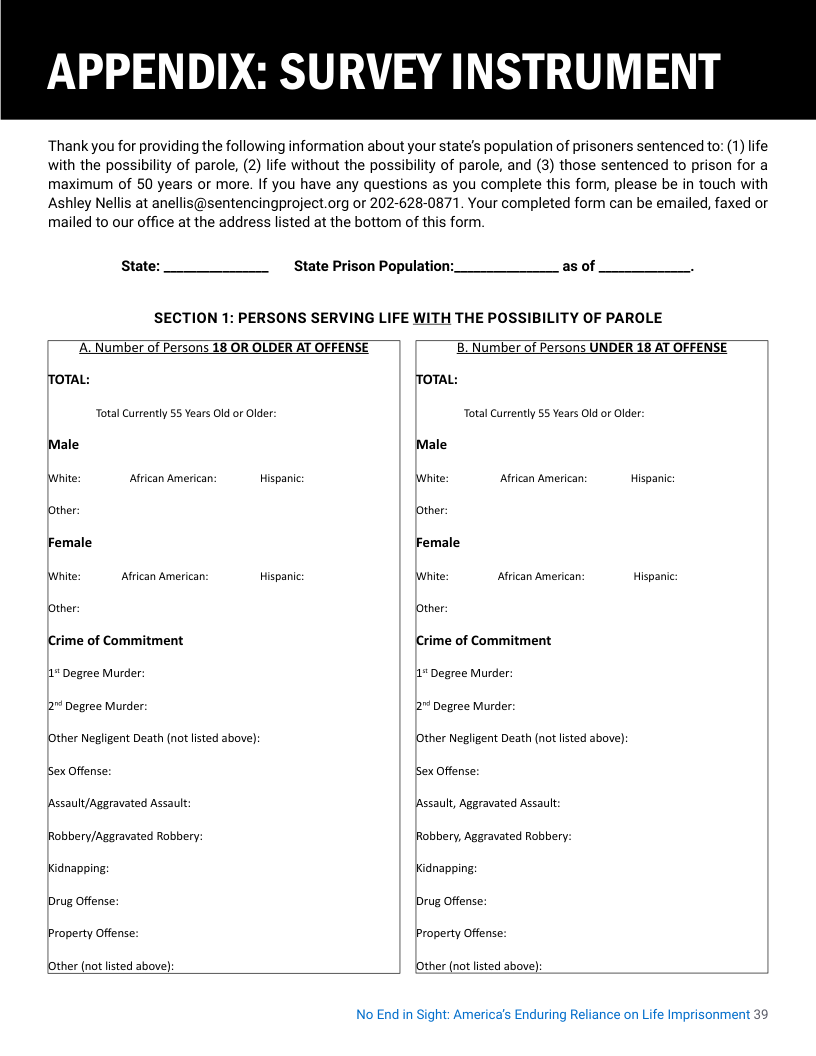 APPENDIX: SURVEY INSTRUMENT  Thank you for providing the following information about your state’s population of prisoners sentenced to: (1) life with the possibility of parole, (2) life without the possibility of parole, and (3) those sentenced to prison for a maximum of 50 years or more. If you have any questions as you complete this form, please be in touch with Ashley Nellis at anellis@sentencingproject.org or 202-628-0871. Your completed form can be emailed, faxed or mailed to our office at the address listed at the bottom of this form  State: State Prison Population: as of  SECTION 1: PERSONS SERVING LIFE WITH THE POSSIBILITY OF PAROLE  A_Number of Persons 18 OR OLDER AT OFFENSE B Number of Persons UNDER 18 AT OFFENSE foTAL: foTAL: Total Currently 55 Years Old or Older: Total Currently 55 Years Old or Older: Male Male White: Afican American Hispanic Wwhite: African American: Hispanic other: other: Female Female White: Aftican American Hispanic Wwhite: Afican American Hispanic: other: other: crime of Com crime of Commitment A1 Degree Murder. A1 Degree Murder. 2 Degree Murder: 2 Degree Murder: Other Negligent Death (not lsted above): Other Negligent Death (not lsted above): Sex Offense Sex Offense hssaul/Aggravated Assault: hssautt, Aggravated Assault: Robbery/Aggravated Robbery: Robbery, Aggravated Robbery: Kidnappine; Kidnapping: Drug Offense: Drug Offense: Property Offense: Property Offense: Dther (not fisted above]: Dther (not fisted above]:  No End in Sight: America’s Enduring Reliance on Life Imprisonment 39 